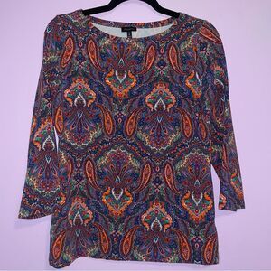 Talbots S Top Multicolor Paisley 3/4 Sleeve Tee Soft Jersey Knit